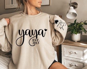 Custom Yaya Est Sweatshirt with Kids Names on Sleeve Sweatshirt, Personalized Yaya Est Hoodie, Custom Grandma Mothers Day Gift For Yaya