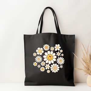Daisy Tote Bag for Summer Tote Bag, Gift for Her, Daisies Tote Bag for Woman, Floral Summer Bag, Smiley Face Tote Bag