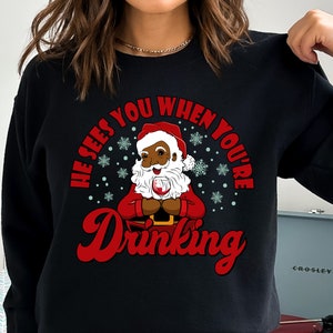 Black Retro Santa Sweatshirt, Vintage Santa Hoodie, Retro Christmas Santa, Black Santa Drinking, Christmas Sweatshirt for Woman