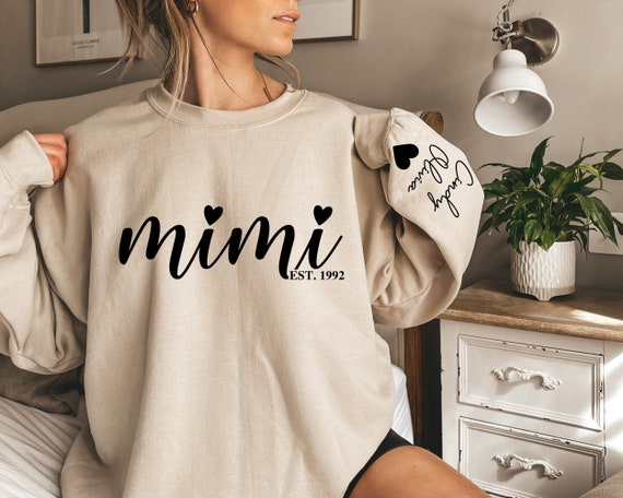Personalized Mimi Sweatshirt with Kids Names on Sleeve, Mimi Hoodie, Mimi Gift from Grandkids, Grandma Shirt,Grandma Gift, Pregnancy Reveal
