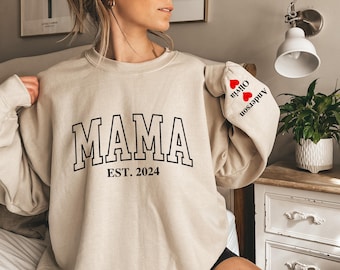 Personalized Mama Sweatshirt With Kids Name On Sleeve, Mothers Day Hoodie, Custom Est Date Mom, Grandma Sweatshirt, Gift For Mommy