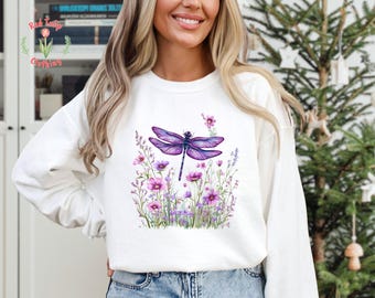 Women's Dragonfly Floral Sweatshirt, Boho Dragonfly, Nature Lover, Garden Lover Gift, Cottagecore Hoodie, Botanical Gift