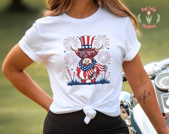 Highland Cow 4th Of July Shirt, Independence Day Shirt, American Cow Shirt, Patriotic Shirt, Cow Lover Gift, Western 4th of July Tee