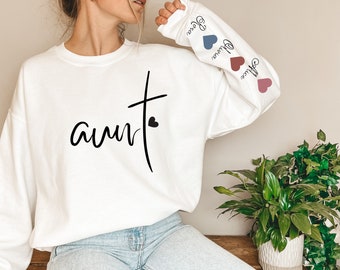 Personalized Aunt Sweatshirt with Kid Names on Sleeve, Mothers Day Gift, Birthday Gift for Aunt, New Aunt Gift, Aunt Hoodie
