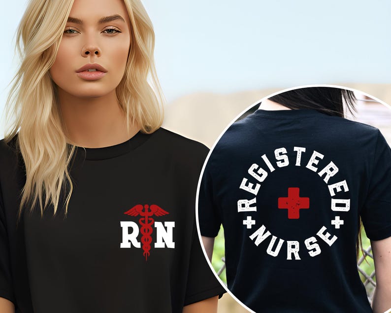 May include: Black t-shirt with a white "RN" and red medical symbol on the front. The back of the shirt has a white circle with the text "REGISTERED NURSE" and a red cross in the center.