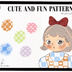 May include: Digital art illustration of a tablet screen displaying a brush pack titled "CUTE AND FUN PATTERNS". The screen shows various colorful pattern samples and a cartoon girl with a bow.