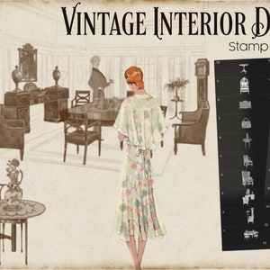 May include: Illustration titled "Vintage Interior Design Stamp Box" featuring a woman in a floral dress, vintage furniture, and a Procreate app icon. A black panel displays various furniture stamps.