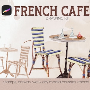 French cafe digital drawing kit for procreate, procreate watercolor, procreate brushes, Paris cafe procreate stamps, procreate canvas