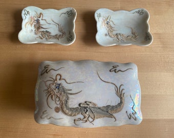 1950s Vintage Lusterware Iridescent Handpainted Porcelain Dragon Box and Trays Set