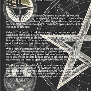 May include: A book cover with a dark, mystical theme. The cover features a photo of a person sitting on a bench, surrounded by intricate, circular designs and text. The title, "The Forbidden Path," is visible, suggesting a guide to black magic.