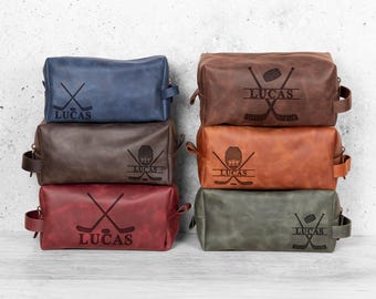 Dopp Kit for Hockey Players, Personalized Leather Dopp Kit for Hockey Lovers, Hockey Fan Toiletry Bag, Senior Night Gift idea,Christmas Gift