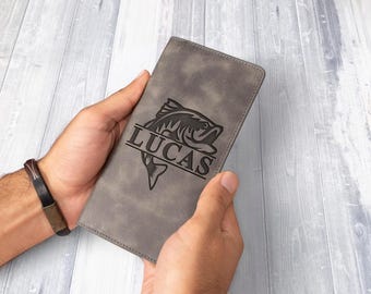 Cartera de pesca personalizada, regalo para pescador, regalo de pesca para novio, cartera de cuero grabada, regalo de 25 aniversario para esposo, Navidad