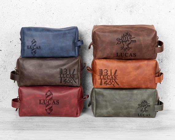 Gift for Barber Dad, Custom Premium Leather Dopp Kit, Unique Barber Themed Gifts Husband, Hairdresser Shave Bag Gift, 40th Anniversary Gifts