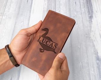 Cartera artesanal de piel para caza de patos, regalo para él, cartera personalizada de piel auténtica, regalo para el 55 cumpleaños, para marido o novio.