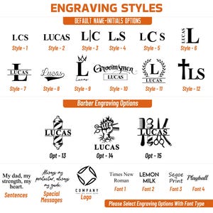 Puede incluir: Imagen que muestra estilos y opciones de grabado para art&iacute;culos personalizados. Incluye varios estilos de fuente, iniciales y opciones de dise&ntilde;o, como gr&aacute;ficos tem&aacute;ticos de barber&iacute;a y mensajes de texto. El texto dice "Estilos de grabado" y "Seleccione las opciones de grabado con el tipo de fuente".