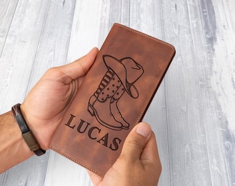 Cartera de piel estilo vaquero del oeste, grabado personalizado de rodeo, regalo personalizado para amantes del estilo vaquero, cartera personalizada para esposo, regalo para hombre amante del rodeo