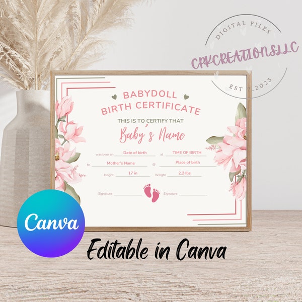 Babydoll Birth Certificate | Printable Canva Template | Reborn Birth Certificate for a Baby Girl Doll | Babydoll Certificate of Birth