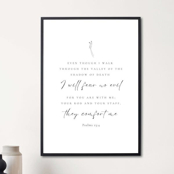 Psalms 23:4. The good shepherd, pretty minimalist flower line art scripture bible verse christian home wall decor digital download printable