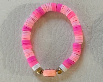 Handmade Beaded Bracelet - Pink with Smiley Face