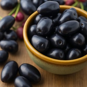 May include: A ceramic bowl filled with dark purple, oval-shaped fruit, possibly grapes or a similar berry. The bowl has a green interior and a yellow rim, set against a wooden surface. Some fruit is scattered around the bowl.
