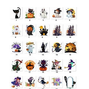 May include: A set of 30 Halloween-themed digital clipart images. The images feature various characters, including ghosts, pumpkins, witches, cats, and skeletons. The images are in a cartoon style and are perfect for use in digital projects.