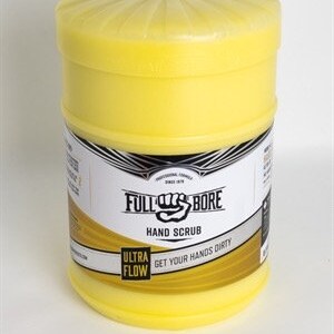 May include: A yellow gallon jug of hand scrub with a black and white label that says "Full Bore Hand Scrub Ultra Flow Get Your Hands Dirty".