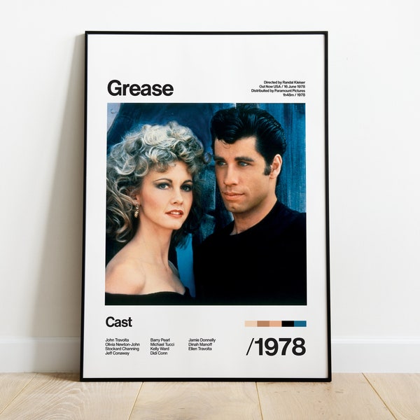 Grease - 1978 - John Travolta and Olivia Newton-John - Danny Zucco and Sandy Olsson - Movie TV Series Poster Artwork White Print Gift Vintage