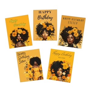 May include: Five yellow birthday cards with illustrations of women with floral hair and the words "Happy Birthday" and "Happy Birthday Sister". The cards feature a warm color palette of yellow, orange, and brown.