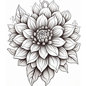 May include: A black and white line drawing of a large, detailed flower with multiple petals. The flower is drawn in a realistic style and has a delicate, intricate design.
