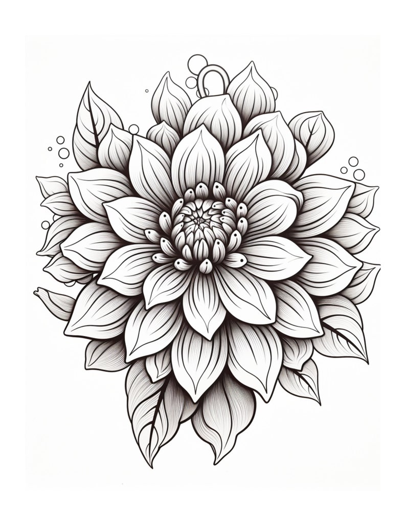 May include: A black and white line drawing of a large, detailed flower with multiple petals. The flower is drawn in a realistic style and has a delicate, intricate design.