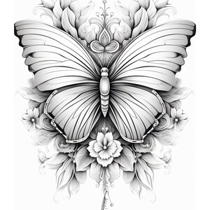 May include: A black and white illustration of a butterfly with intricate wings surrounded by stylized flowers.