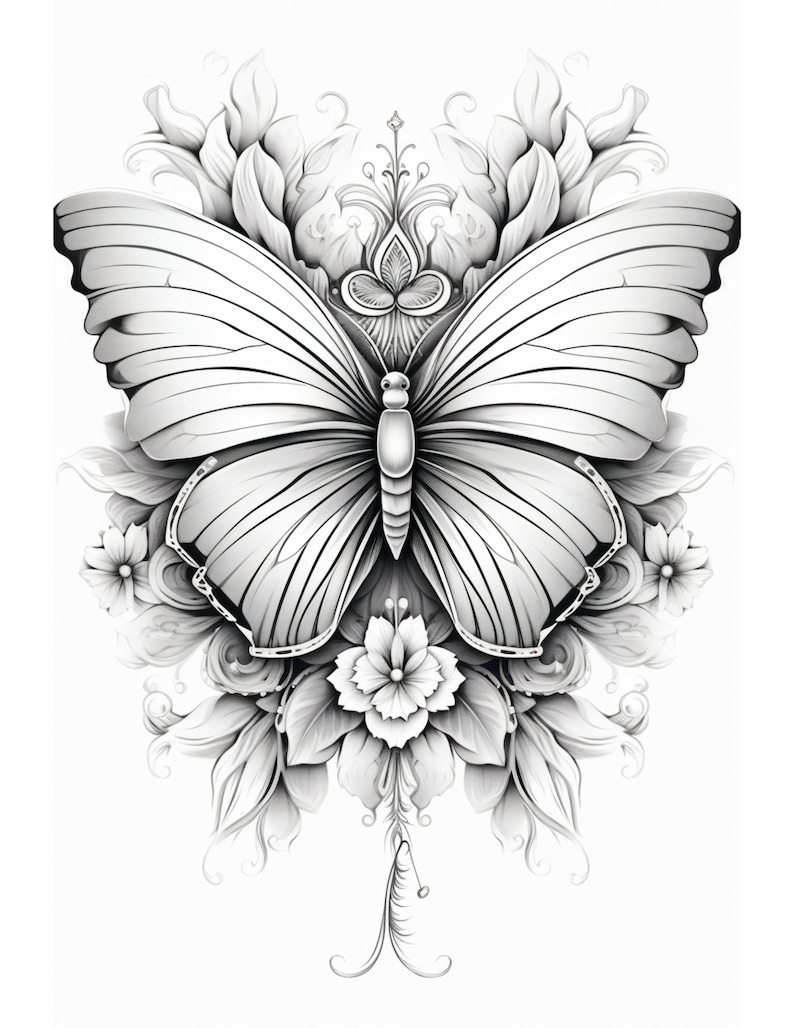 May include: A black and white illustration of a butterfly with intricate wings surrounded by stylized flowers.