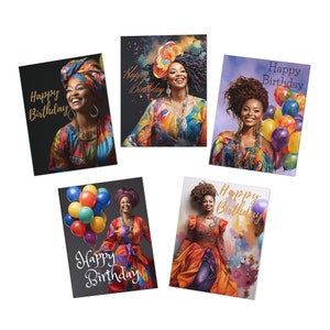 May include: Five birthday greeting cards featuring illustrations of a smiling woman in colorful attire. Each card has the words "Happy Birthday" in gold script. The woman is holding balloons or wearing a head wrap.