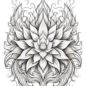 May include: A black and white line drawing of a stylized flower with intricate details. The flower has a central bud and multiple petals that are arranged in a symmetrical pattern. The flower is surrounded by a decorative border of leaves and swirls.
