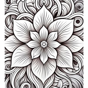 May include: A black and white illustration of a stylized flower with intricate details. The flower is surrounded by swirling, organic shapes.