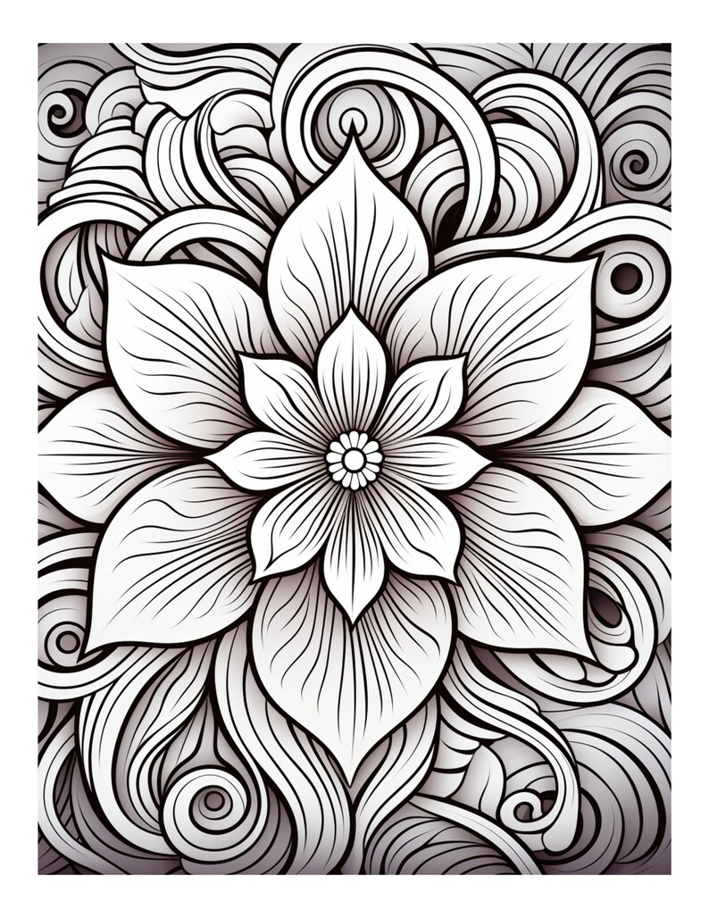 May include: A black and white illustration of a stylized flower with intricate details. The flower is surrounded by swirling, organic shapes.