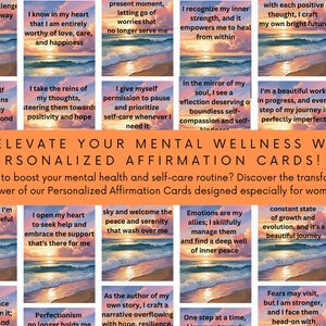 May include: A set of affirmation cards with a beach sunset background. The cards feature positive affirmations for mental wellness. The text on the cards includes phrases like "I know in my heart that I am entirely worthy of love, care, and happiness" and "I recognize my inner strength, and it empowers me to heal from within".