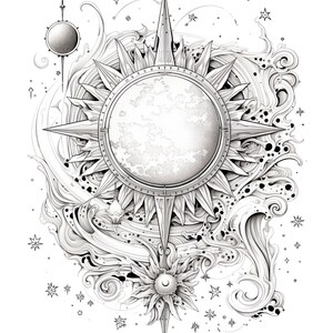 May include: A black and white illustration of a sun with a moon inside, surrounded by swirling lines and stars. The sun has a compass-like design with numbers around the edge.