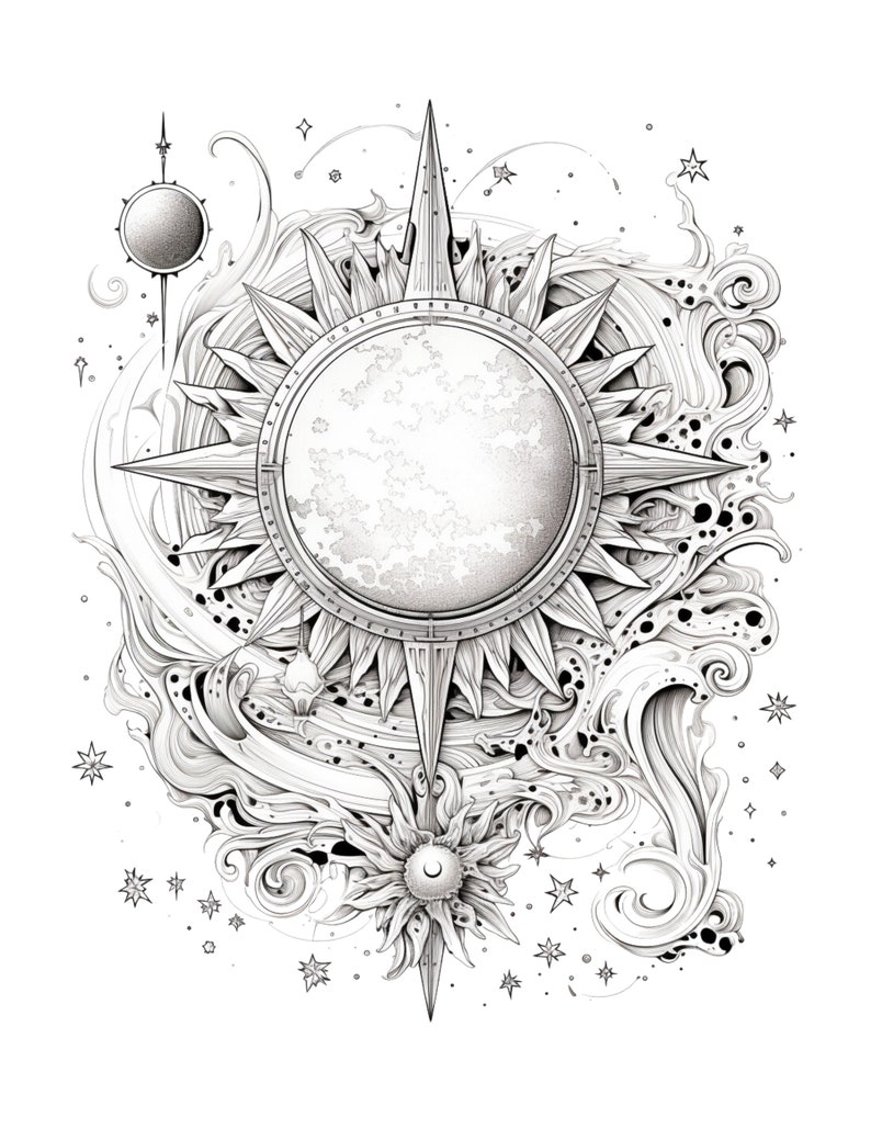 May include: A black and white illustration of a sun with a moon inside, surrounded by swirling lines and stars. The sun has a compass-like design with numbers around the edge.