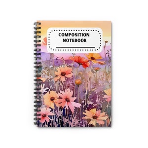May include: A composition notebook with a watercolor painting of a field of orange and pink flowers against a sunset background. The notebook cover has the text "COMPOSITION NOTEBOOK" in a white box with a black border.