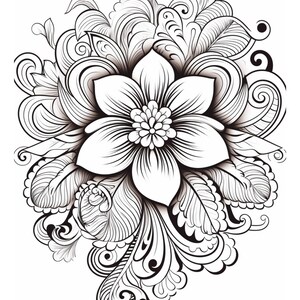 May include: A black and white line drawing of a stylized flower with intricate details. The flower is surrounded by swirling leaves and vines.