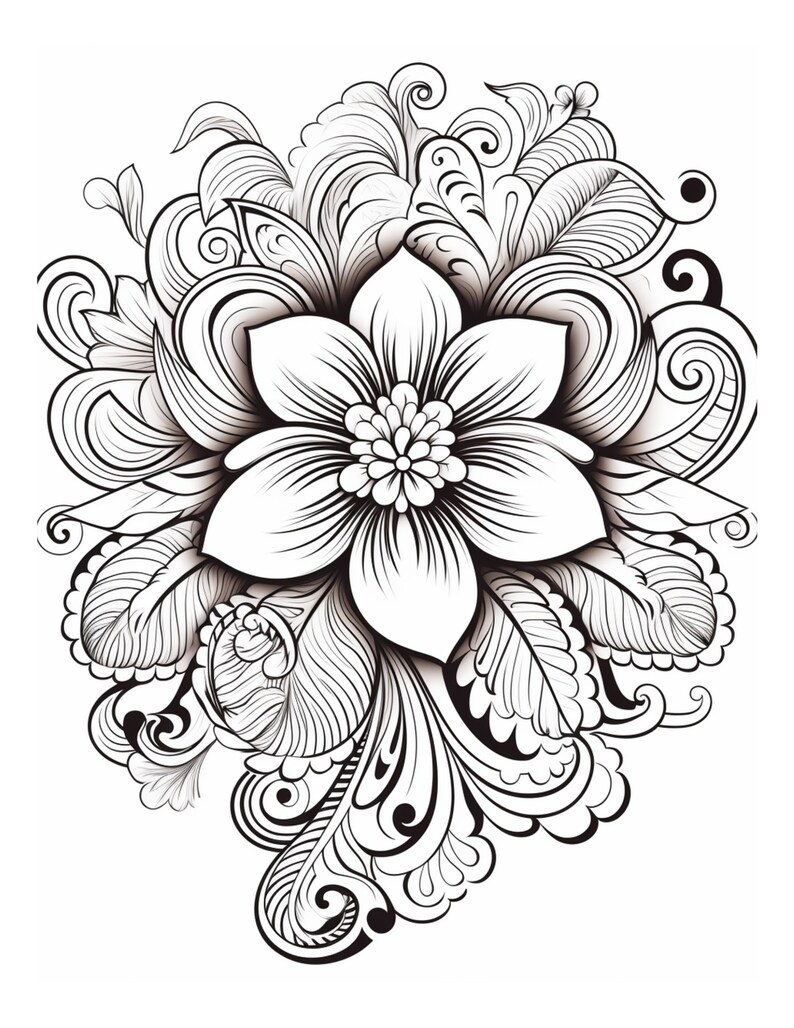 May include: A black and white line drawing of a stylized flower with intricate details. The flower is surrounded by swirling leaves and vines.