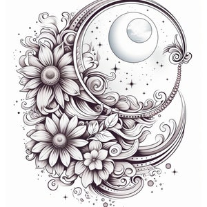 May include: A black and white illustration of a crescent moon with stars and clouds inside a circular frame. The frame is surrounded by stylized flowers and leaves.
