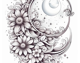 May include: A black and white illustration of a crescent moon with stars and clouds inside a circular frame. The frame is surrounded by stylised flowers and leaves.