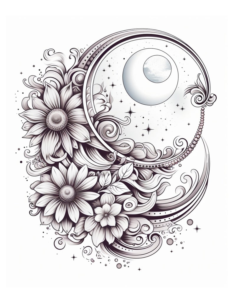 May include: A black and white illustration of a crescent moon with stars and clouds inside a circular frame. The frame is surrounded by stylized flowers and leaves.
