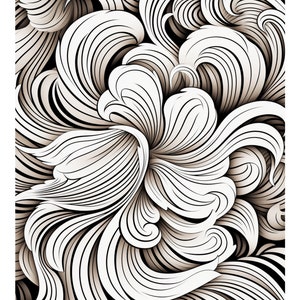 May include: Abstract black and white illustration of swirling, overlapping lines creating a floral pattern.