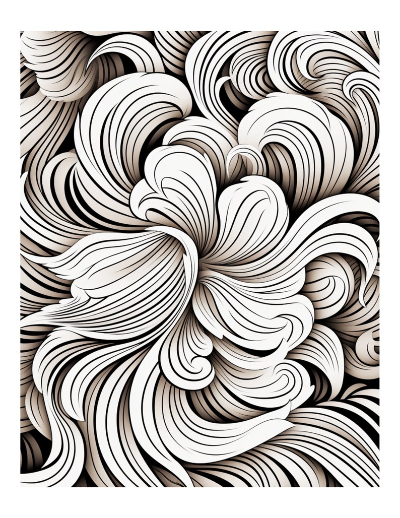 May include: Abstract black and white illustration of swirling, overlapping lines creating a floral pattern.