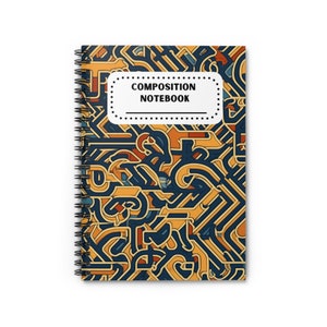 May include: A spiral bound notebook with a yellow and blue abstract pattern on the cover. The cover has the text "COMPOSITION NOTEBOOK" in a white rectangle.