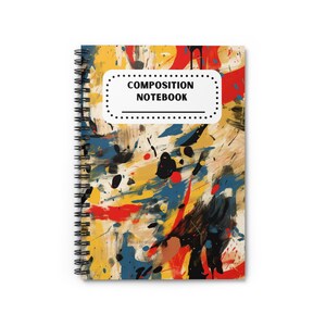 May include: A spiral bound notebook with a colorful abstract design on the cover. The cover features splashes of red, yellow, blue, and black paint. The title "COMPOSITION NOTEBOOK" is printed in black on a white rectangle.