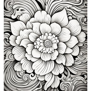 May include: A black and white illustration of a large flower with intricate details. The flower is surrounded by swirling lines and patterns.